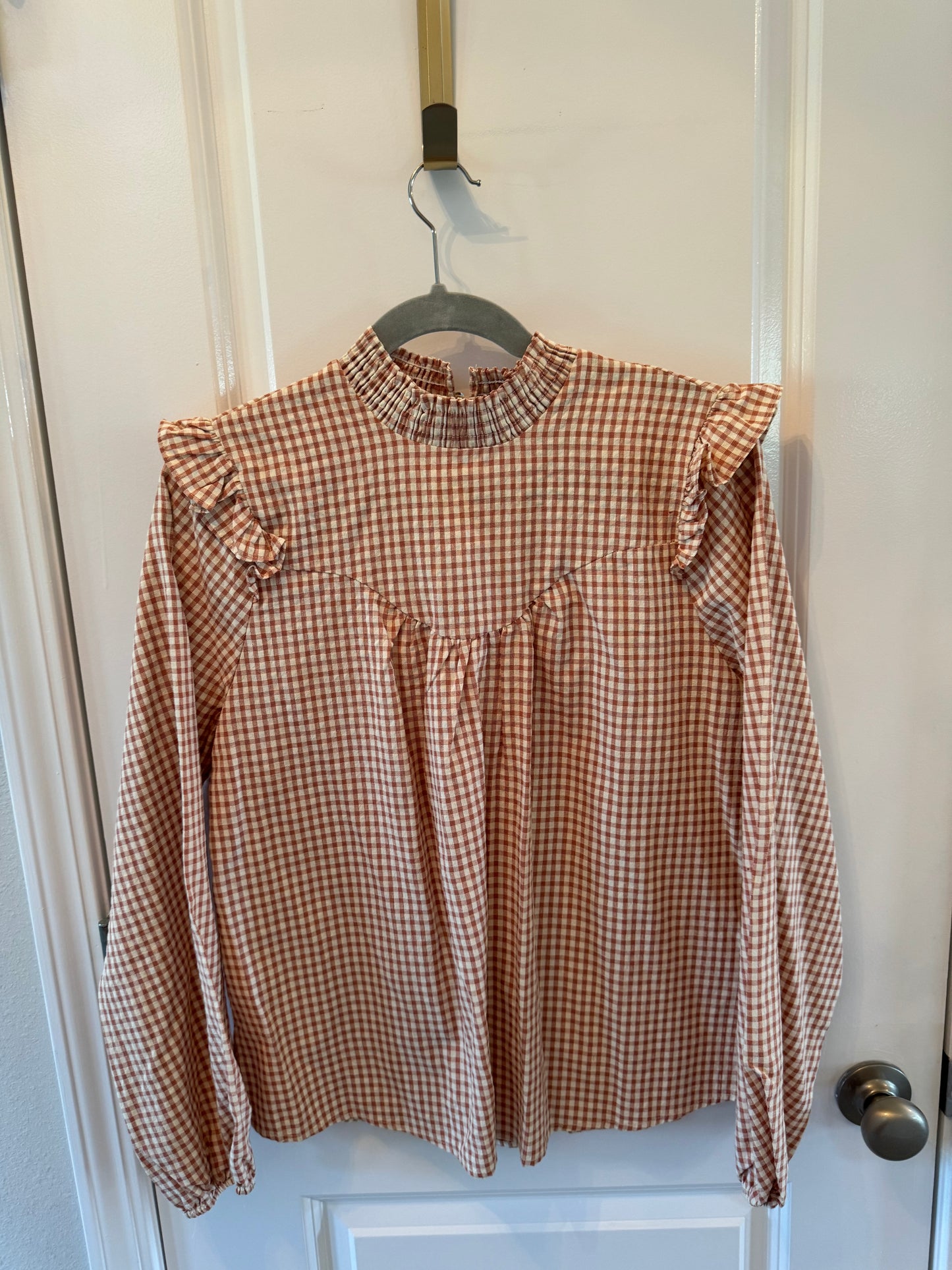 Shop the Mint High Neck Gingham Print Top w Ruffles Women’s Size Medium Rust