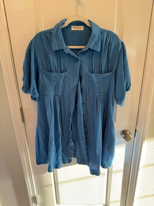 Button Front Dress Short Sleeve Women’s Size Medium Blue