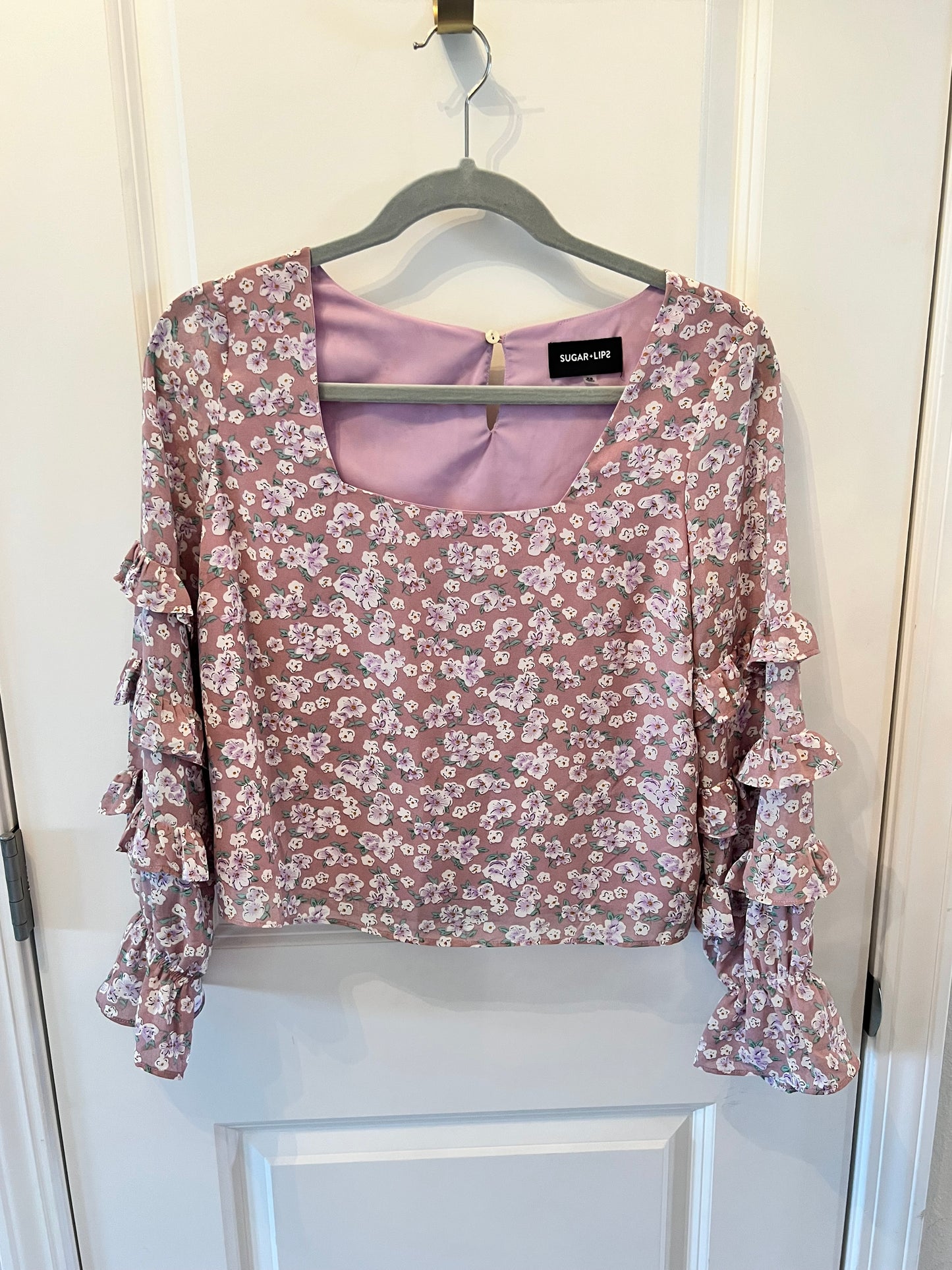 Sugar Lips Square Neck Floral Top Statement Sleeve Women’s Size XS Lilac