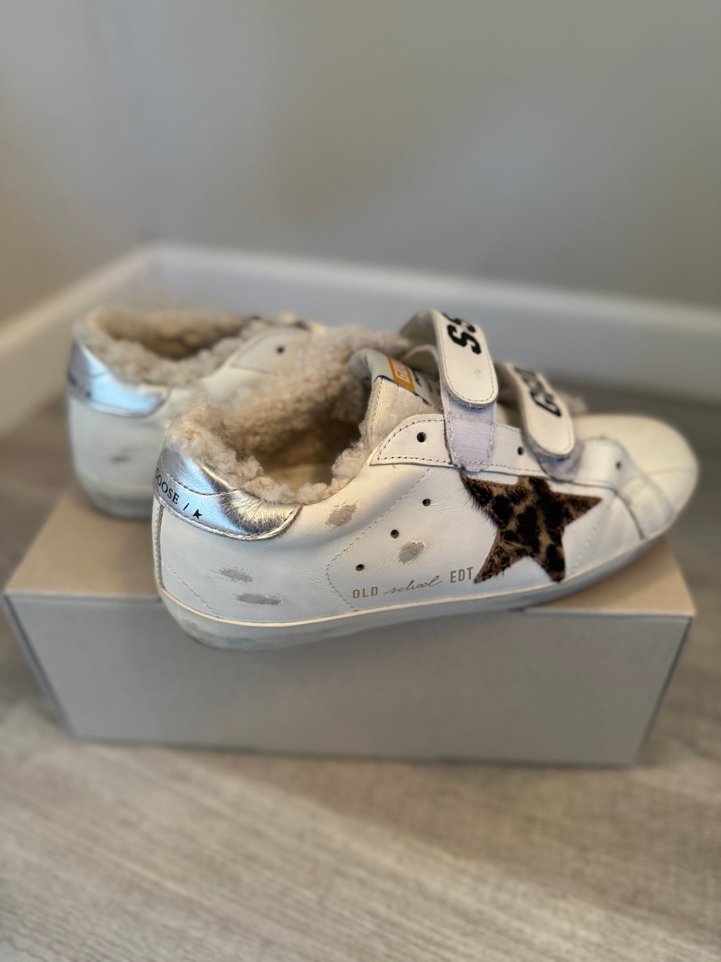 Golden Goose Old School Stripes Leopard Horsy Star Laminated Heel Shearling Lining Women’s 36 (6) White