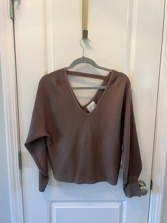 Pink Rose Ribbed VNeck Top Women’s Size Large Mocha
