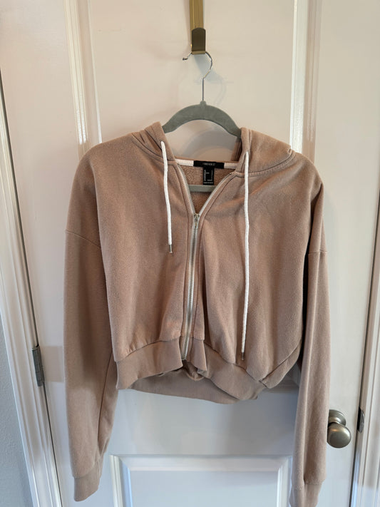 Forever 21 Cropped Full Zip Hooded Jacket Women’s Size Large Light Tan