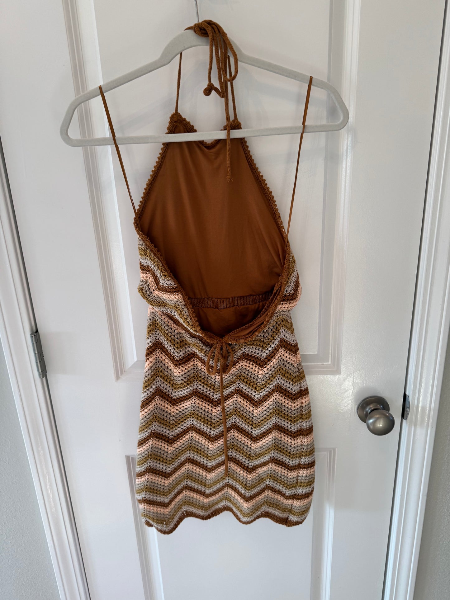 Lush Chevron Crochet Halter Dress Women’s Small Brown