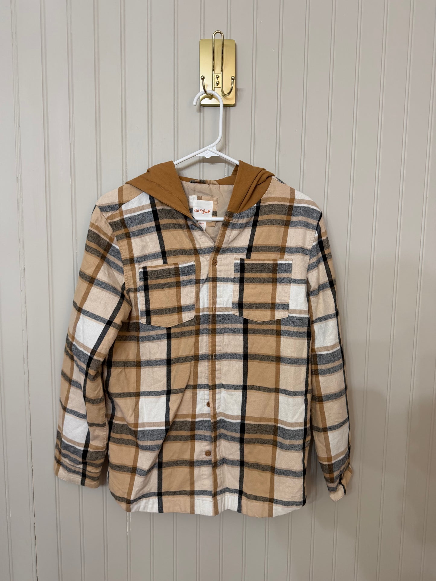 Plaid Flannel Hooded Shirt Youth Size XL Tan