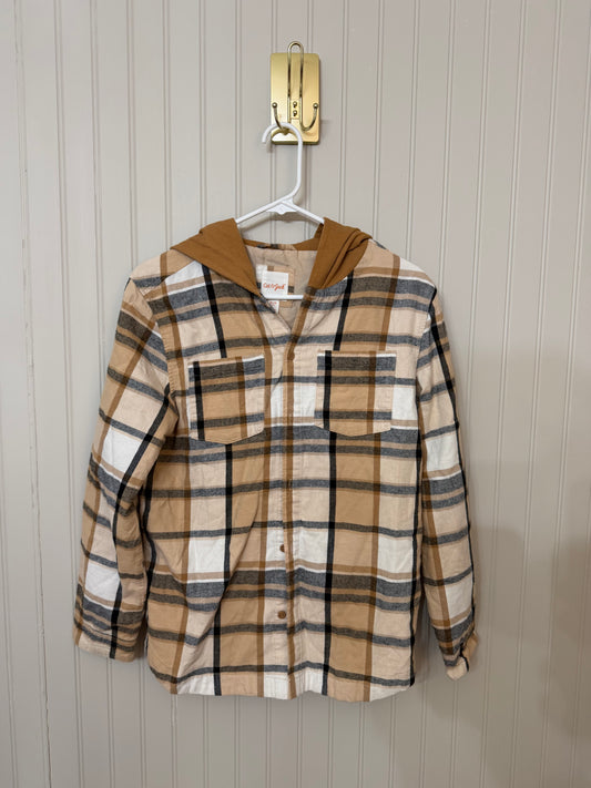 Plaid Flannel Hooded Shirt Youth Size XL Tan