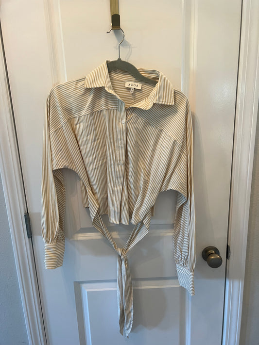 ACOA Belted Stripe Long Sleeve Button Front Shirt Women’s Size Small Cream