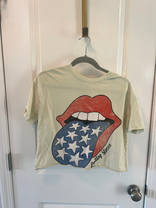 Rolling Stones Cropped Graphic Band Tee Women’s Size Large Cream
