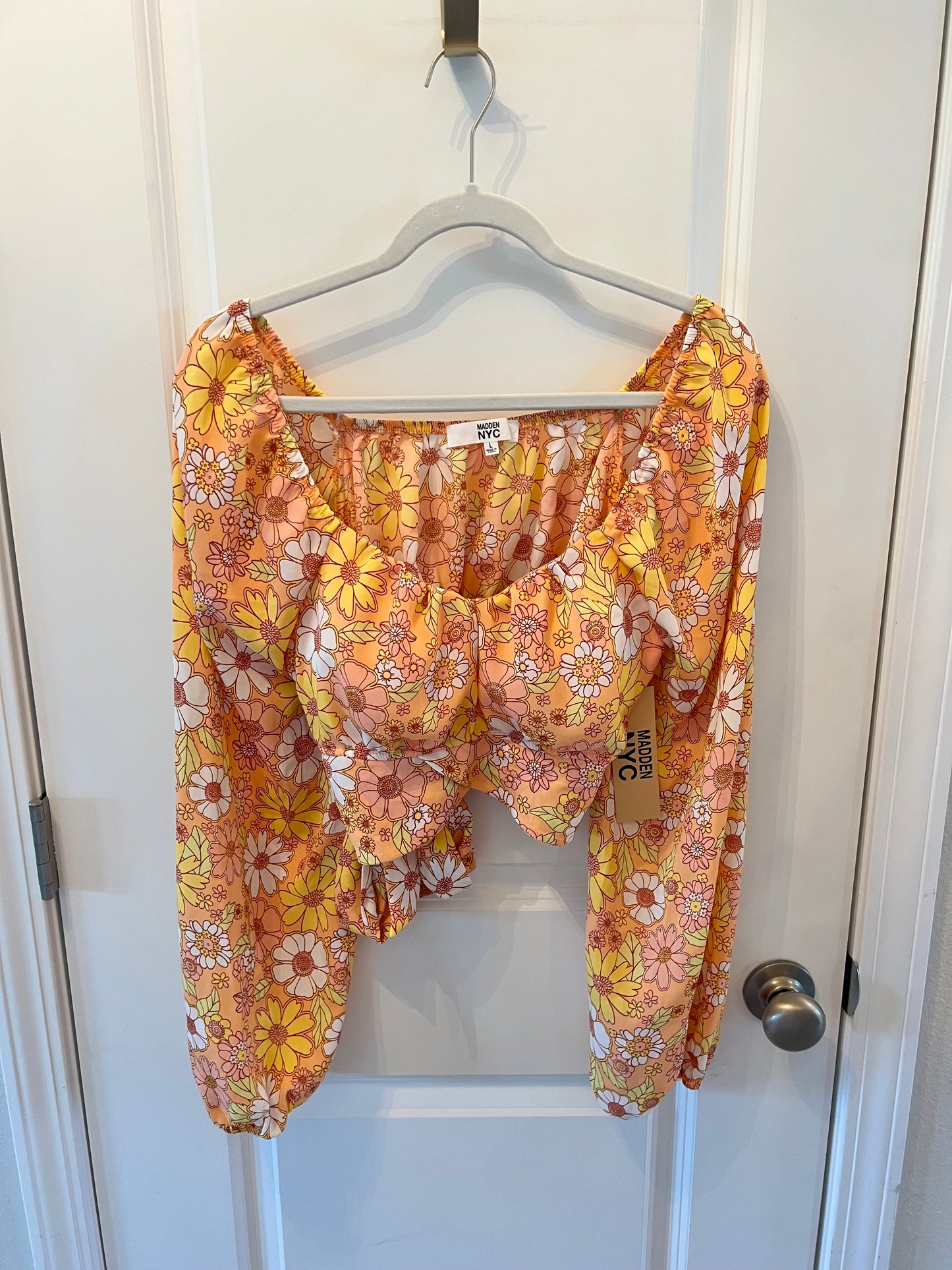 Madden NYC 70s Floral Cropped Top Women’s Size Large 12-14 Mustard