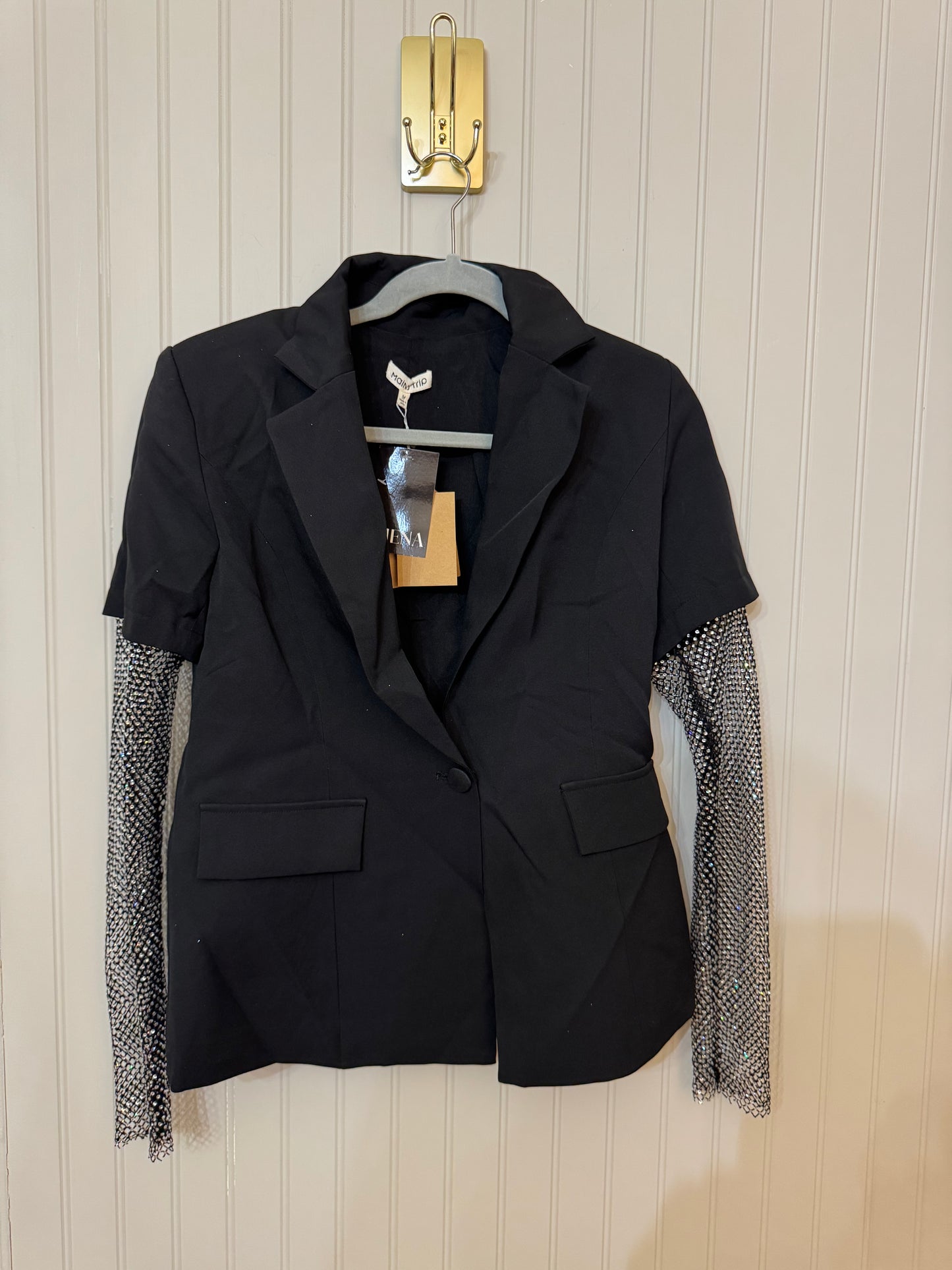 Blazer w Crystal Mesh Sleeves Women’s Medium Black NWT