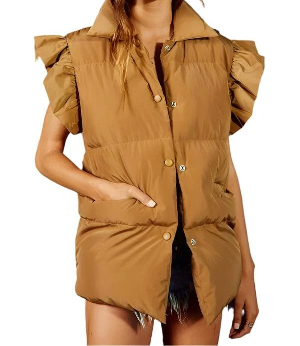 Ruffle Sleeve Puffer Vest Women’s Small Tan