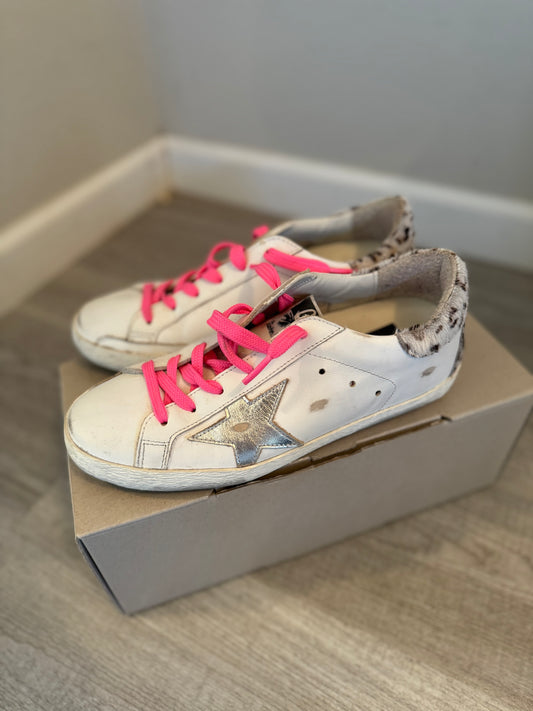 Golden Goose Super Star Classic with Spur Leopard Horsy Heel Women’s Size 36 (Size 6) White Silver Pink