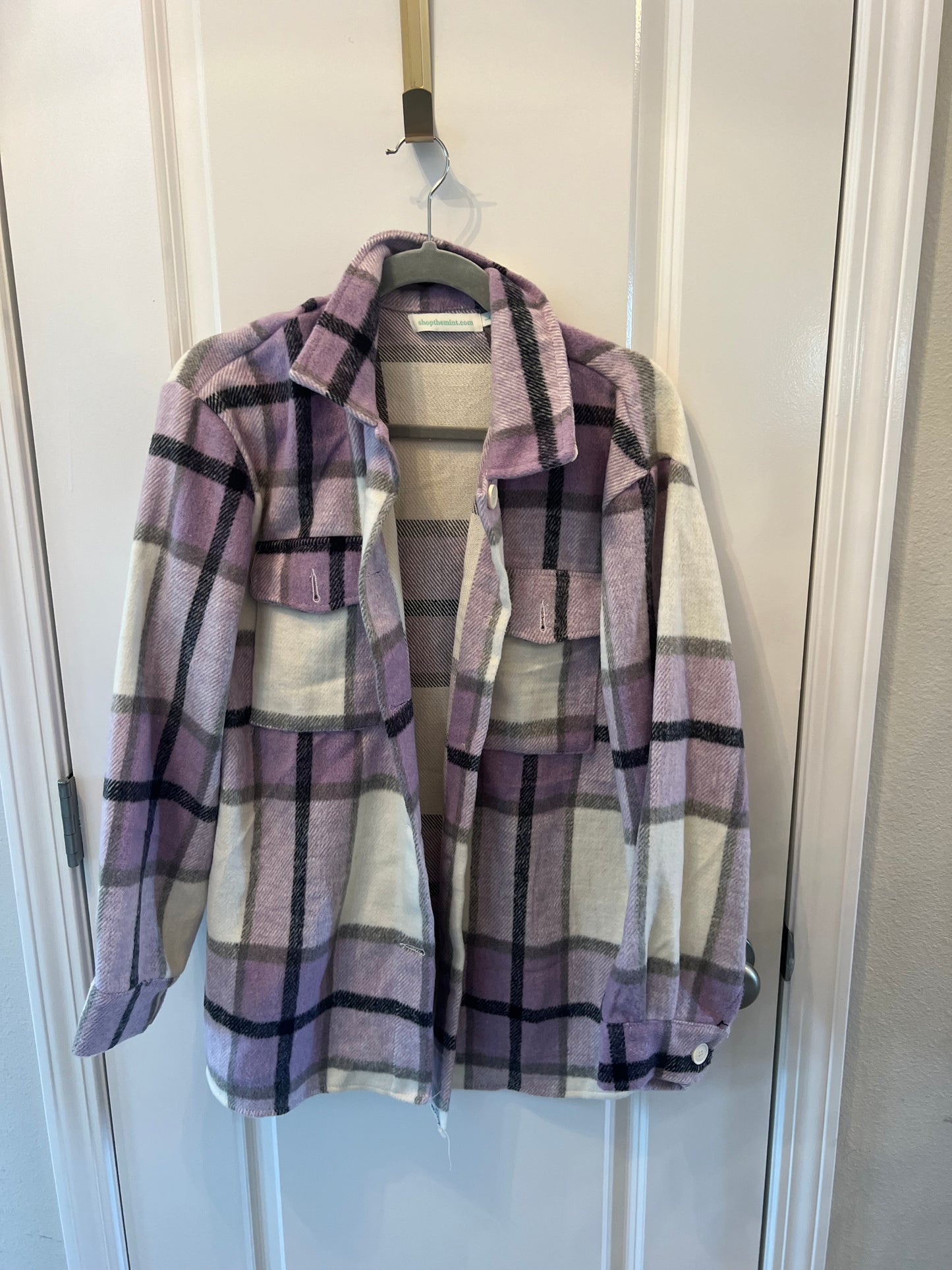 Shop the Mint Plaid Flannel Shacket Women’s Size Large Purple