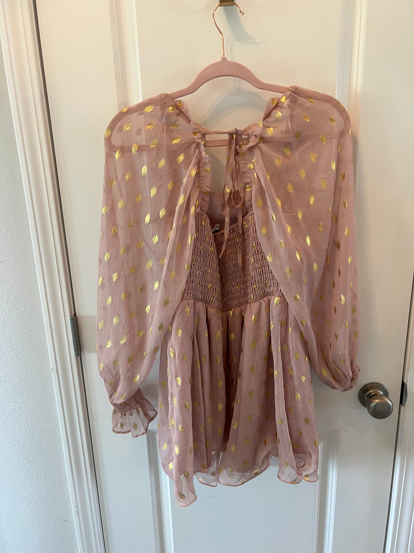 Endless Rose Metallic Spotted Romper w Statement Sleeves Women’s Size XS Tan