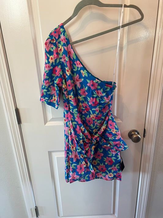 Lulu’s Floral One Shoulder Dress Women’s Size Medium 8-10 Blue Multi