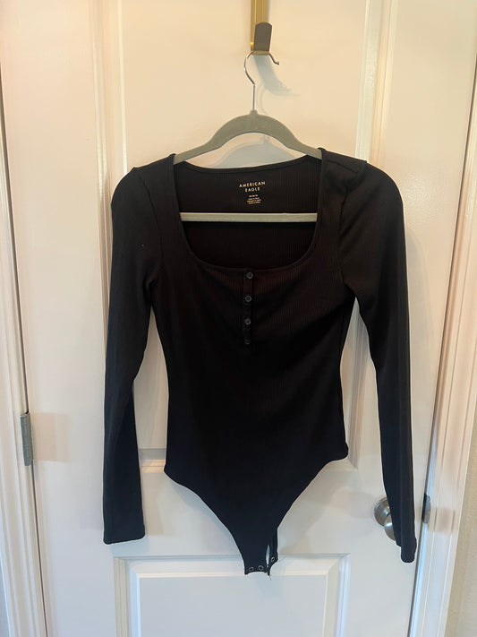 American Eagle Henley Long Sleeve Bodysuit Women’s Size Medium 8-10 Black