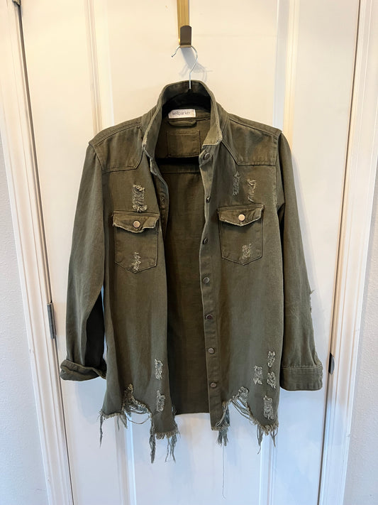 Distressed Cotton Shacket Women’s Size Small Military Green