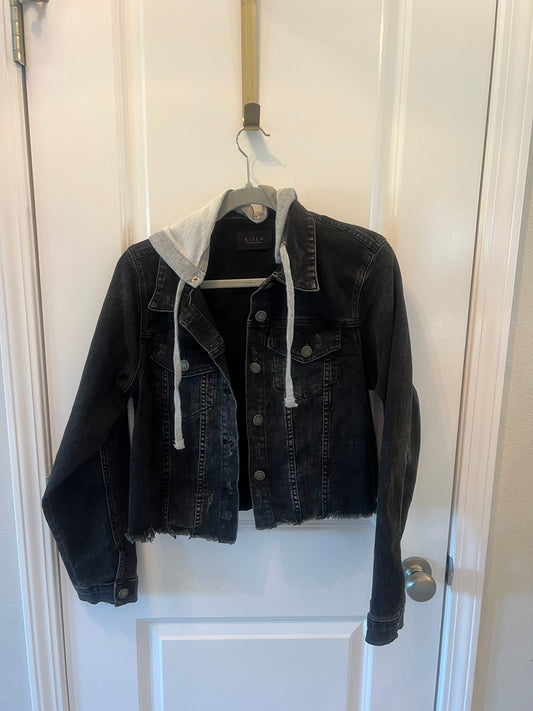 Risen Distressed Vintage Raw Hem Jean Jacket w Detachable Hood Women’s Size Large Black