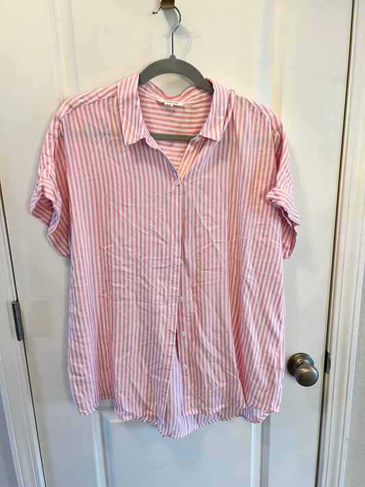 Beach Lunch Lounge Button Front Short Sleeve Stripe Top Women's Size Large Pink