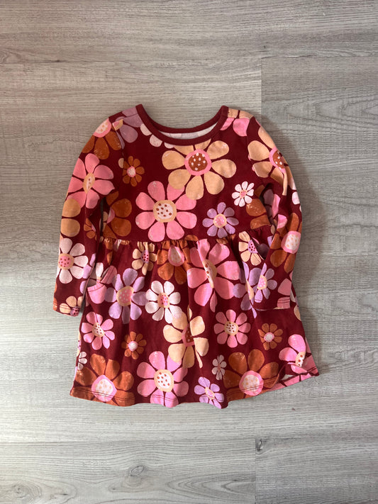 70s Flower Print Dress Toddler Size 2T Burgundy