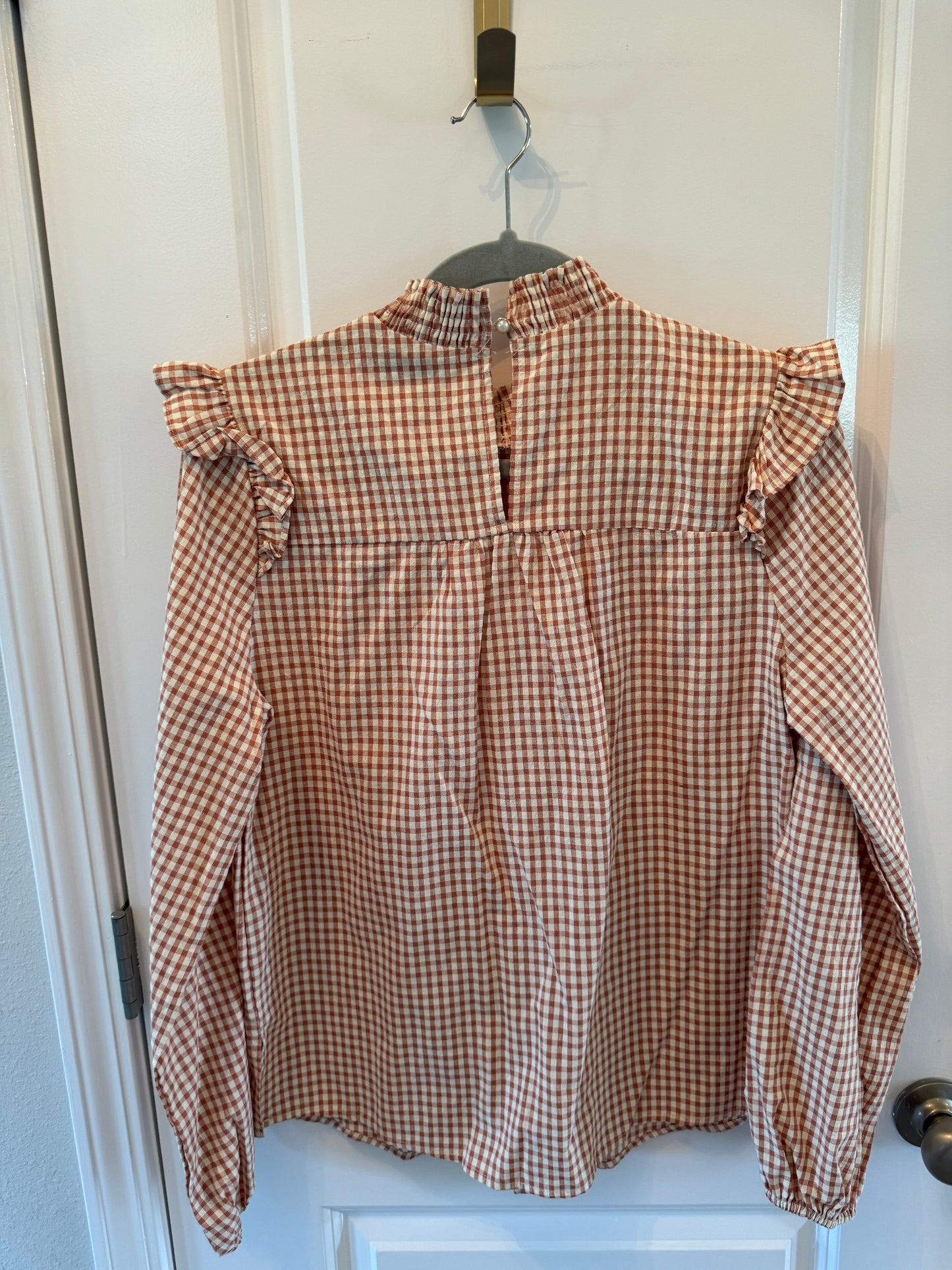 Shop the Mint High Neck Gingham Print Top w Ruffles Women’s Size Medium Rust