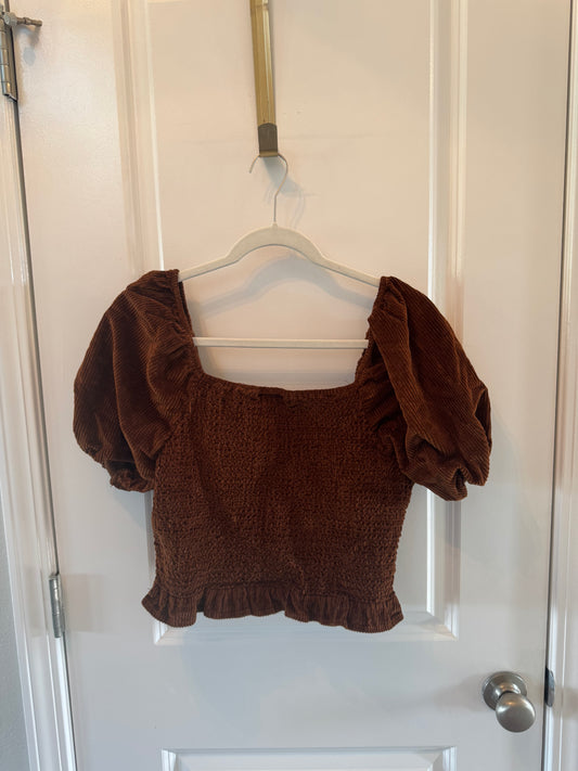 American Eagle Corduroy Puff Sleeve Top Women’s Large Brown