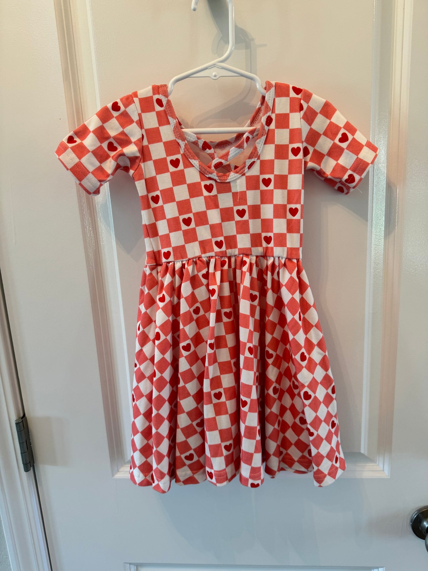 June + Grey Checker Print Heart Dress Girl Size 4 Peach