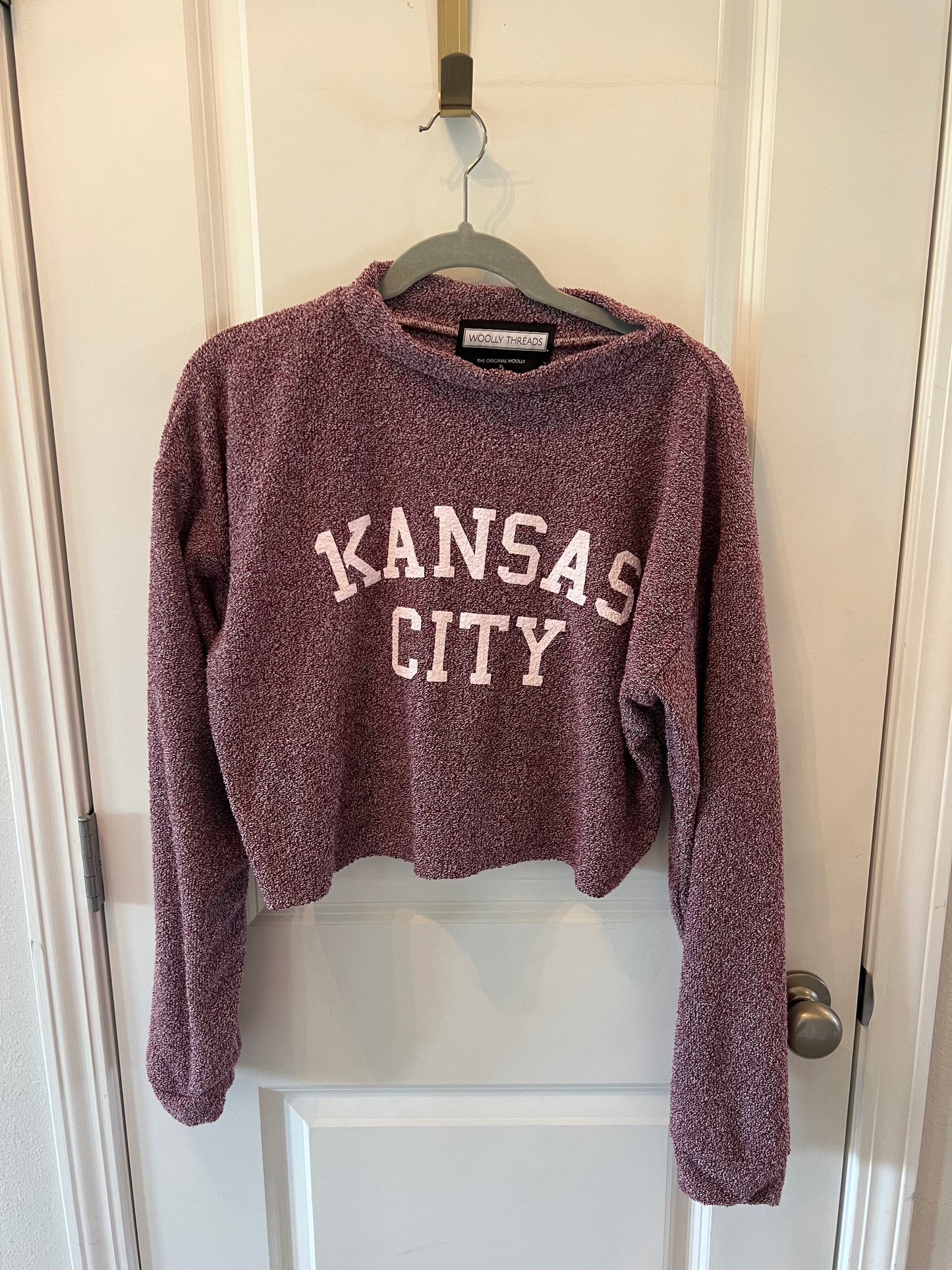 Woolly Threads Nubby Cropped Kansas City Hooded Sweatshirt Women’s Size XL Plum