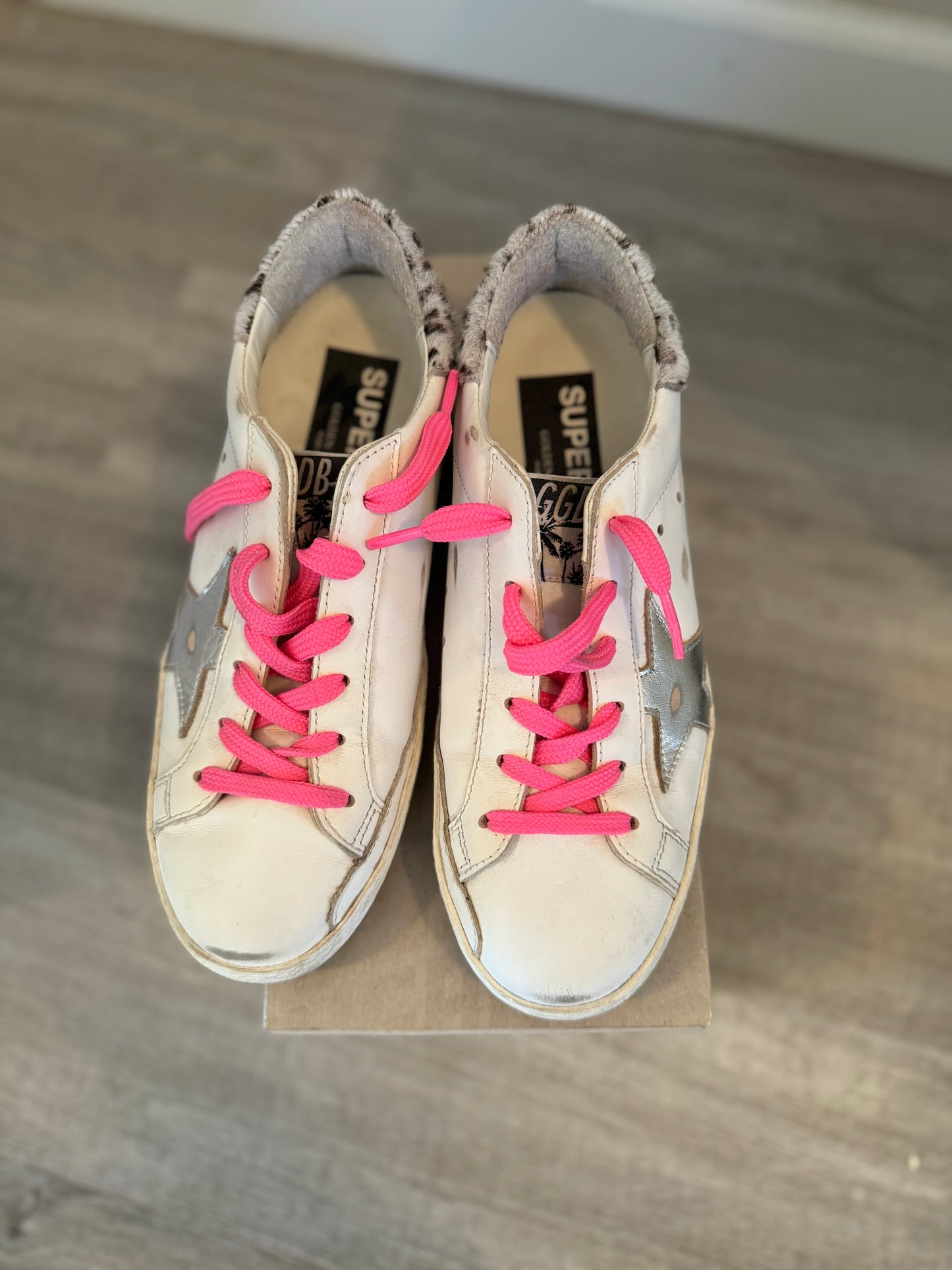 Golden Goose Super Star Classic with Spur Leopard Horsy Heel Women’s Size 36 (Size 6) White Silver Pink