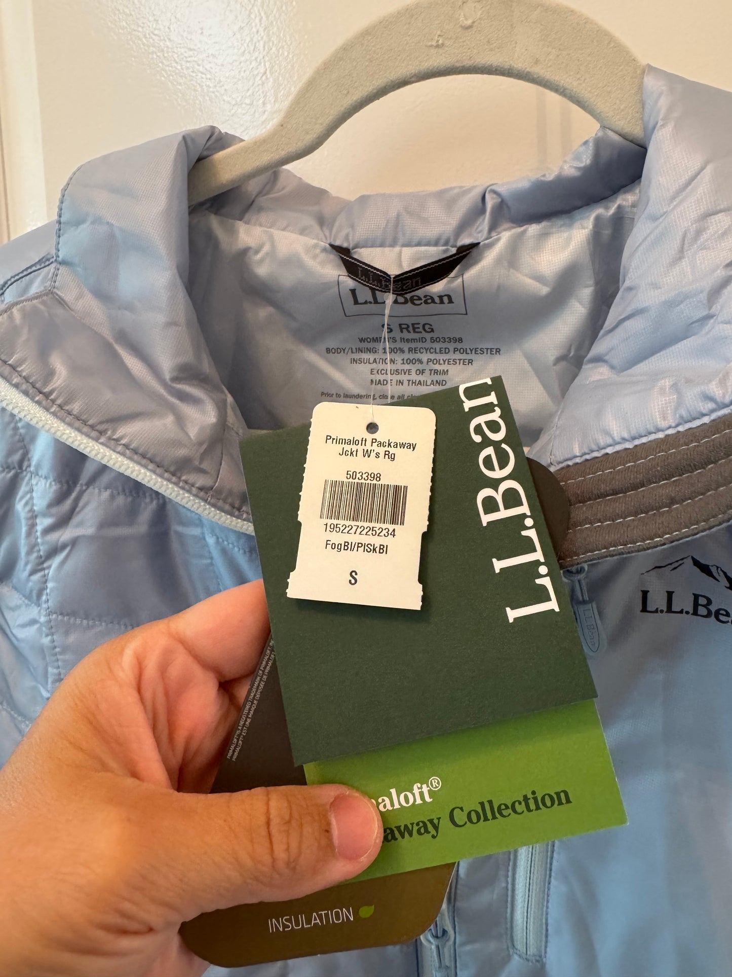 LL Bean Primaloft Packaway Jacket Women’s Small Fog Blue NWT