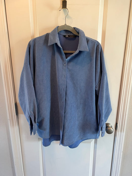 Zara Corduroy Button Front Long Sleeve Top Women’s Size Small Blue