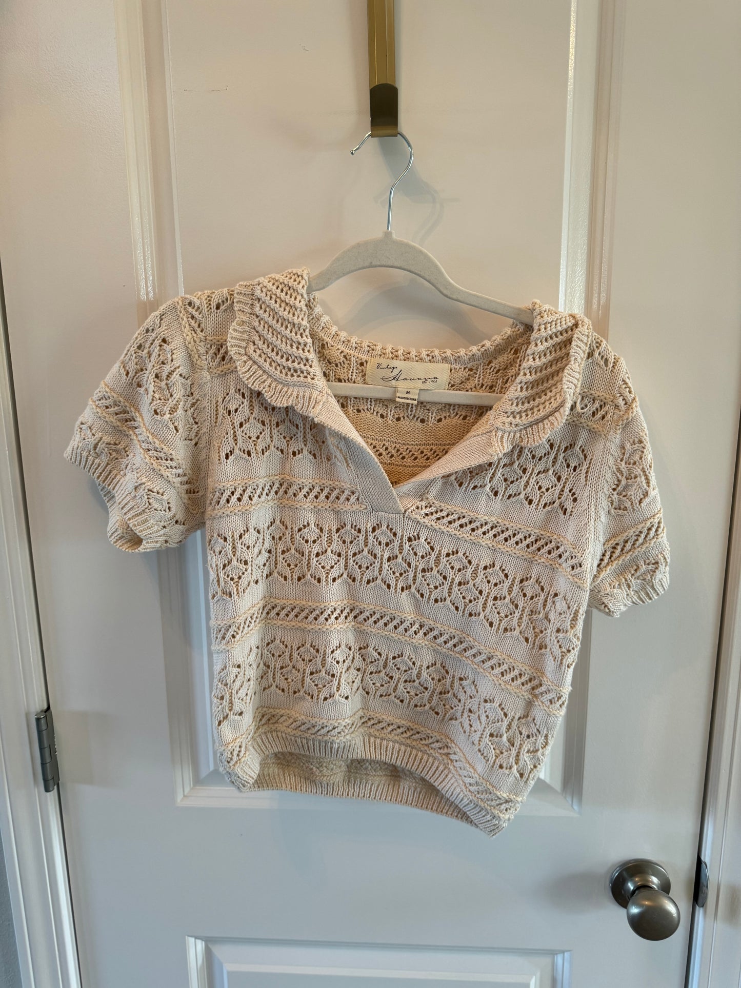 Vintage Havana Cropped Crochet Knit Polo Women’s Size Medium Cream