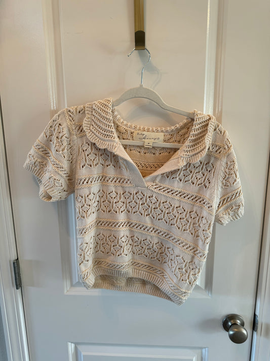 Vintage Havana Cropped Crochet Knit Polo Women’s Size Medium Cream