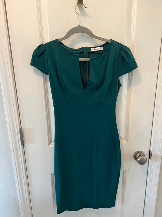 Deep VNeck Knee Length Bodycon Slim Dress Women’s Size Small Teal