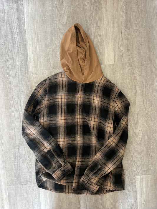 Hooded Flannel Button Front Long Sleeve Shirt Youth Boy’s Size 11-12 Years Tan