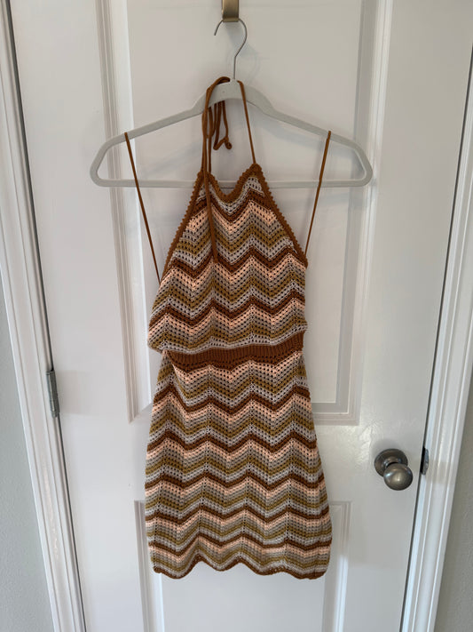 Lush Chevron Crochet Halter Dress Women’s Small Brown