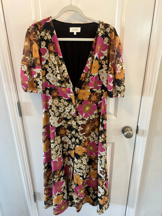 Bohme Floral Deep VNeck Midi Dress Women’s Size Small Black Multi