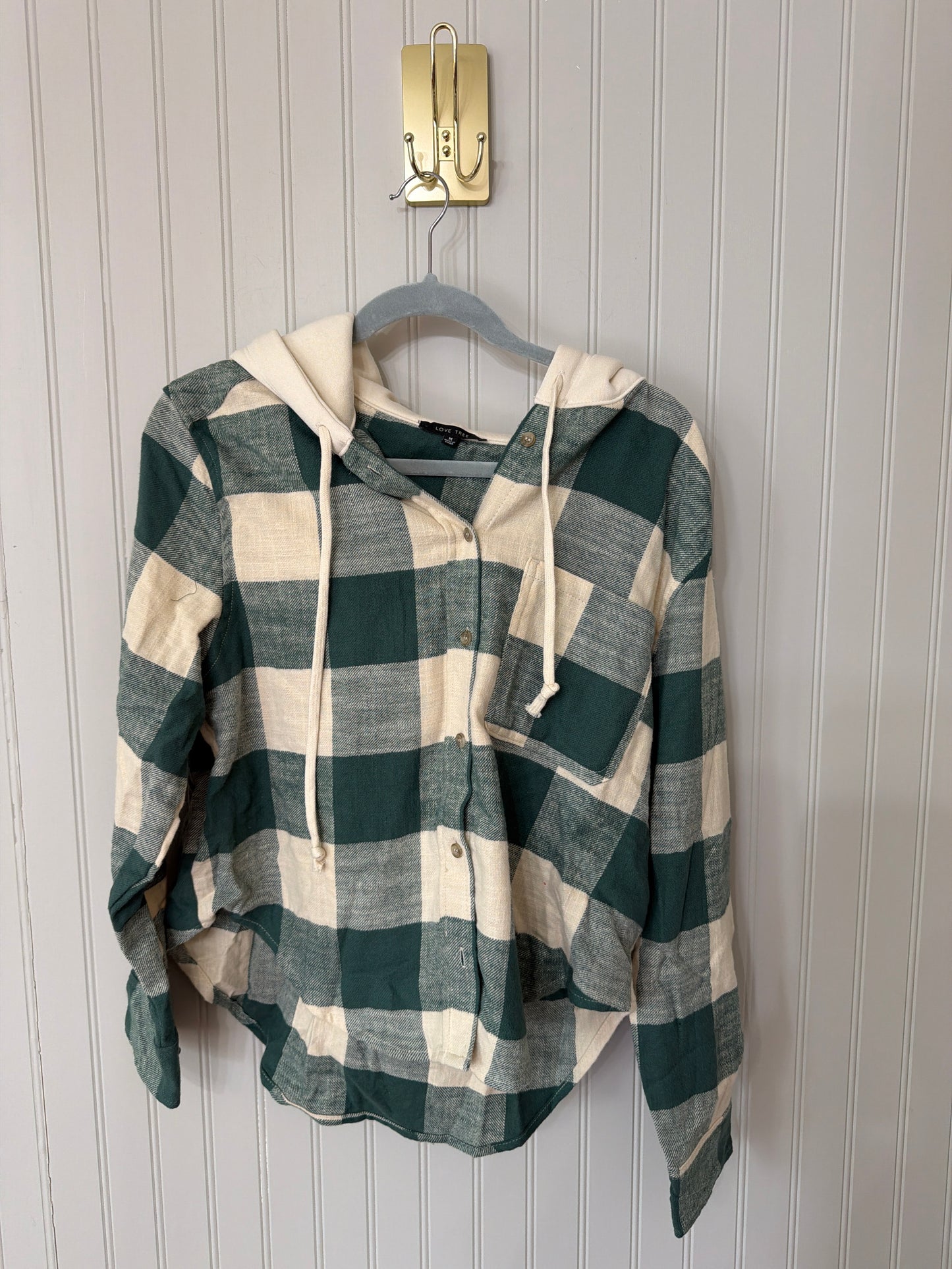 Love Tree Hooded Plaid Flannel Shirt Women’s Medium Green