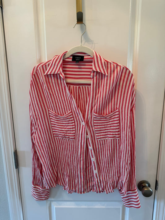 Vici Vertical Stripe Button Front Long Sleeve Shirt Women’s Size Medium Red White