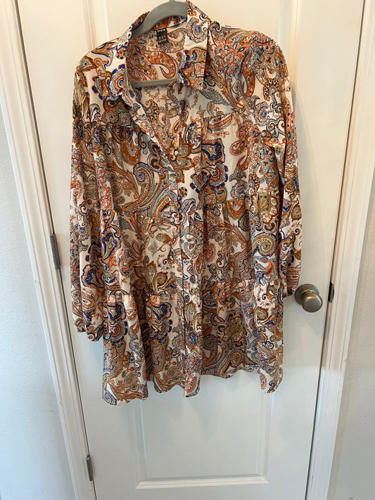 Paisley Button Front Long Sleeve Dress Women’s Size Medium Tan