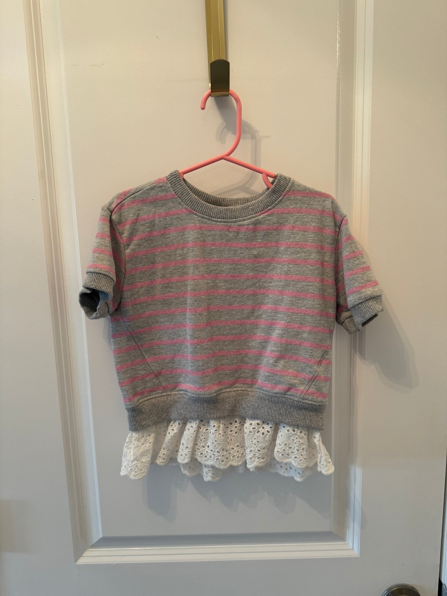 Jessica Simpson Stripe Tee w Ruffle Youth Girl Size 4 Gray Pink