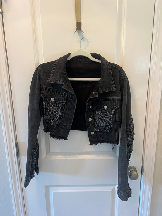 Cropped Jean Jacket w Fringe Tassels Women’s Size Medium Black