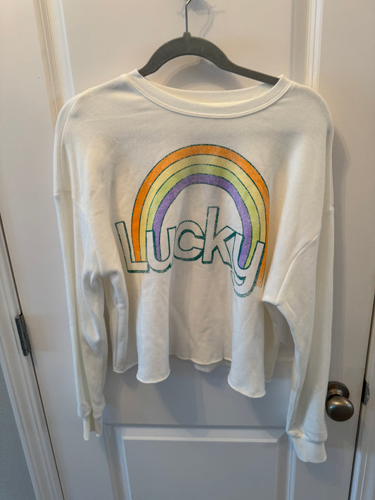 Grayson Threads Lucky Rainbow Graphic Sweatshirt Women’s Size Small White NWT