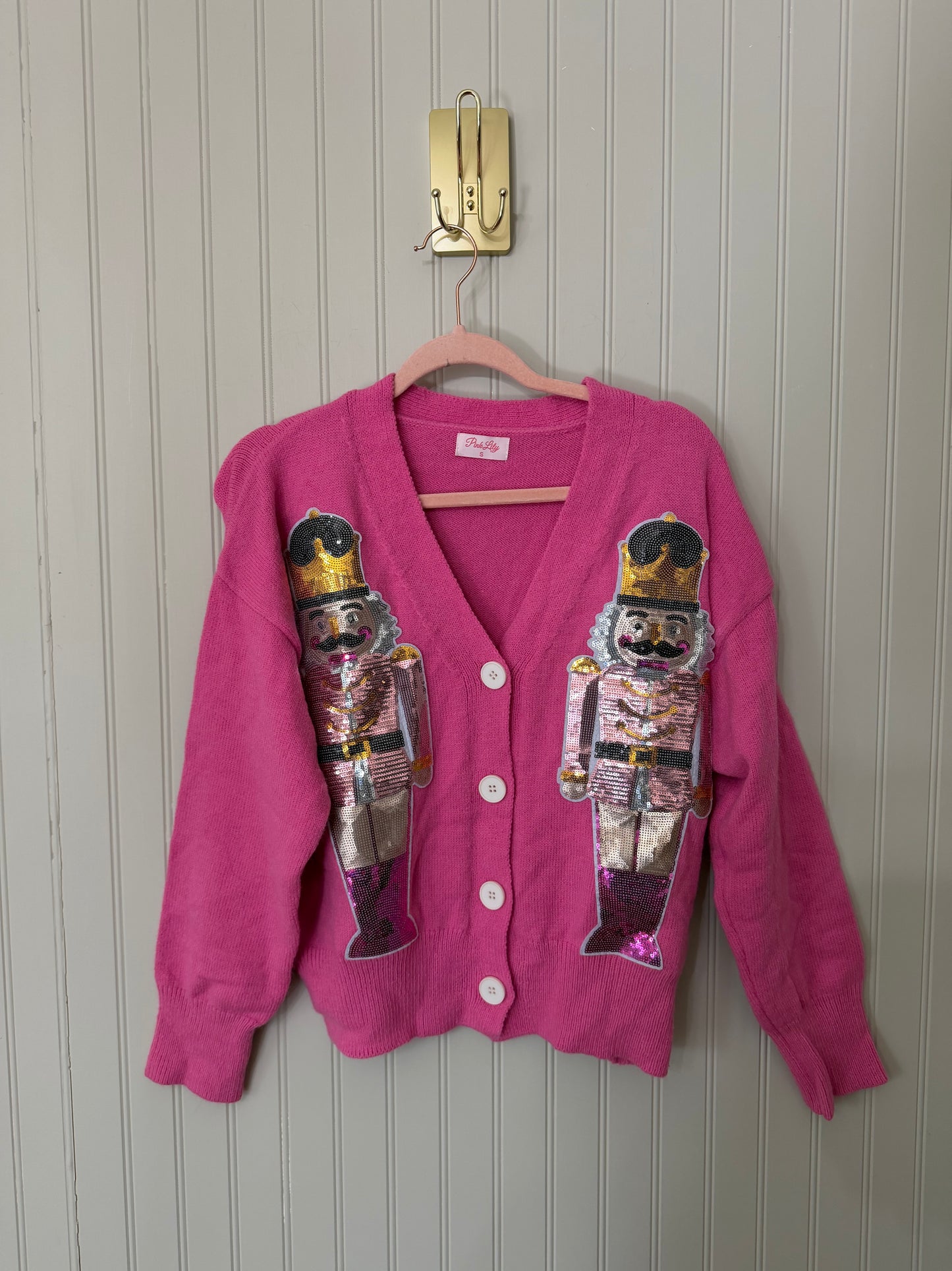 Pink Lily Sequin Nutcracker Cardigan Women’s Small Pink
