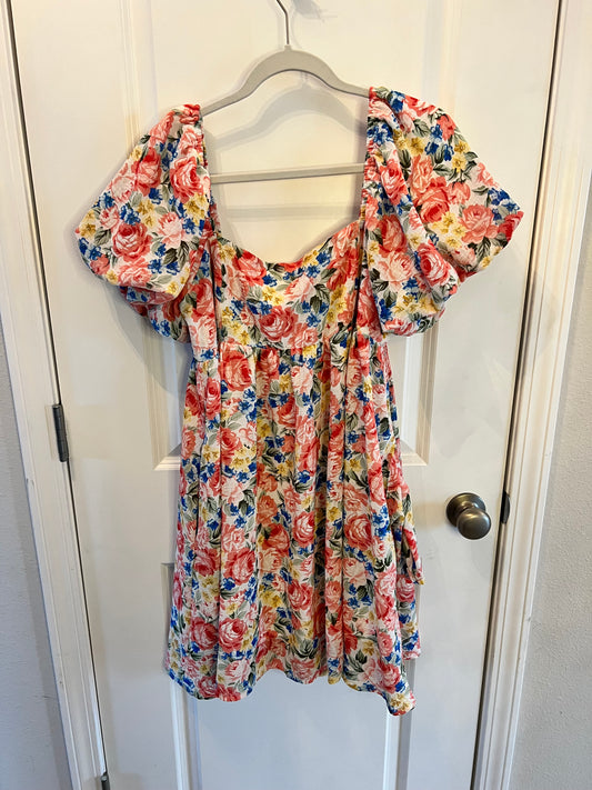 Floral Puff Sleeve Dress Women's Size Large 12-14 Multi Color