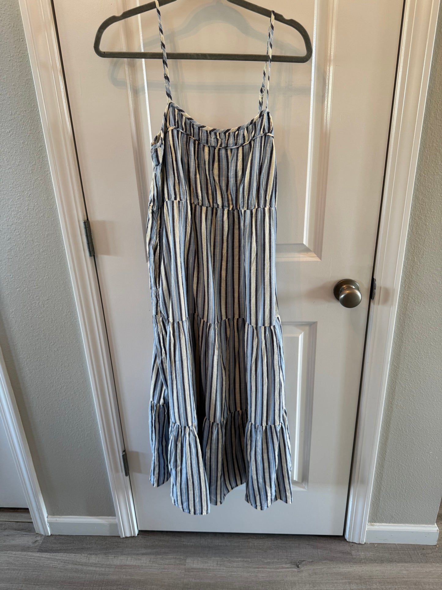 Aerie Striped Tiered Cotton Maxi Dress Women’s Small Ocean Sky