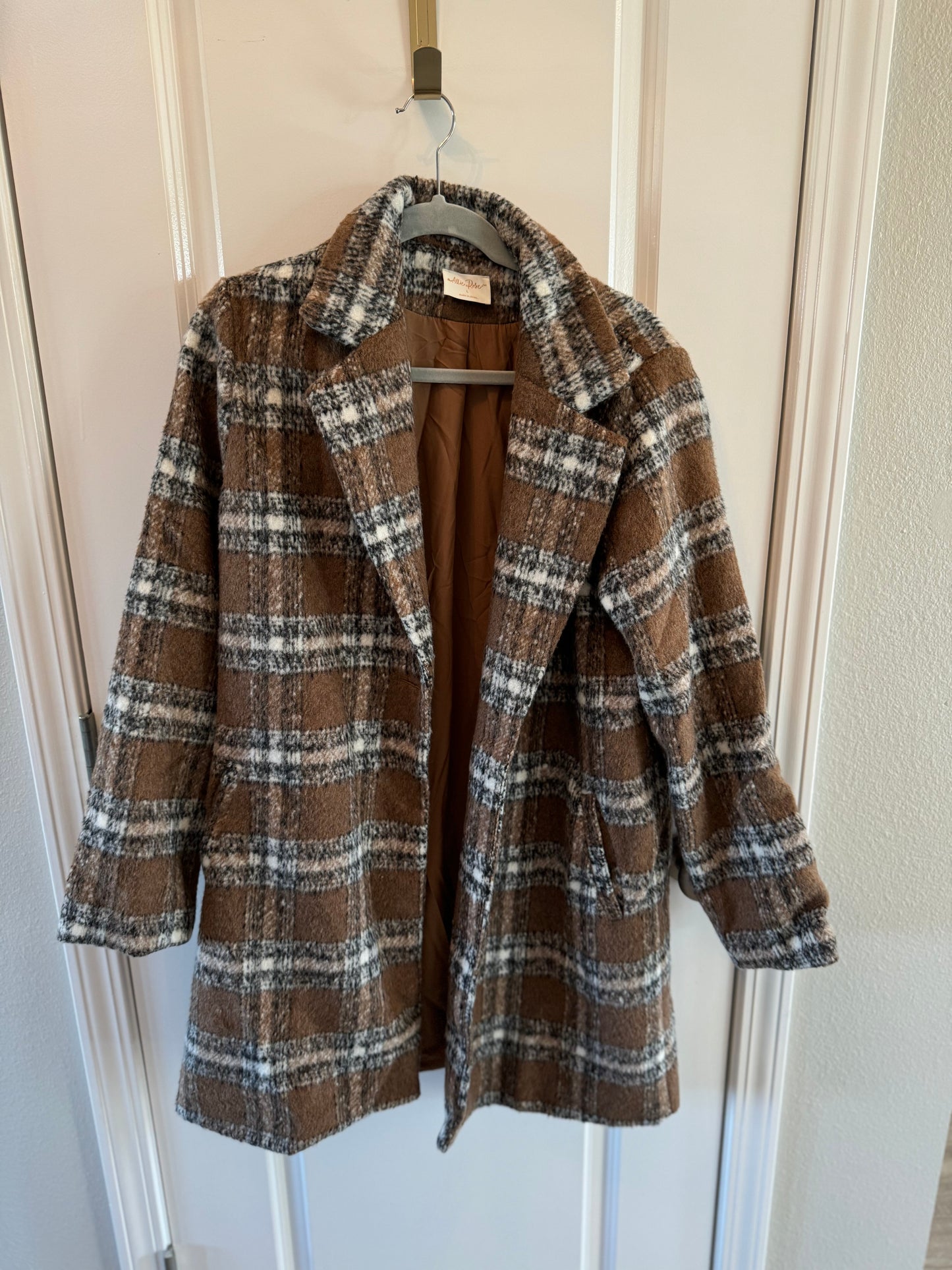 Allie Rae Plaid Car Coat Women’s Large Brown