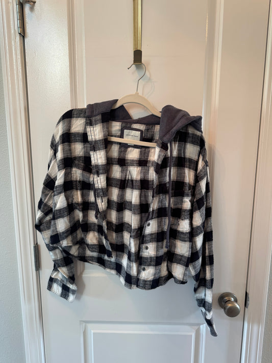 American Eagle Plaid Hooded Top Women’s Medium Gray
