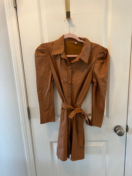 Faux Leather Button Front Dress Women’s Size Small Tan