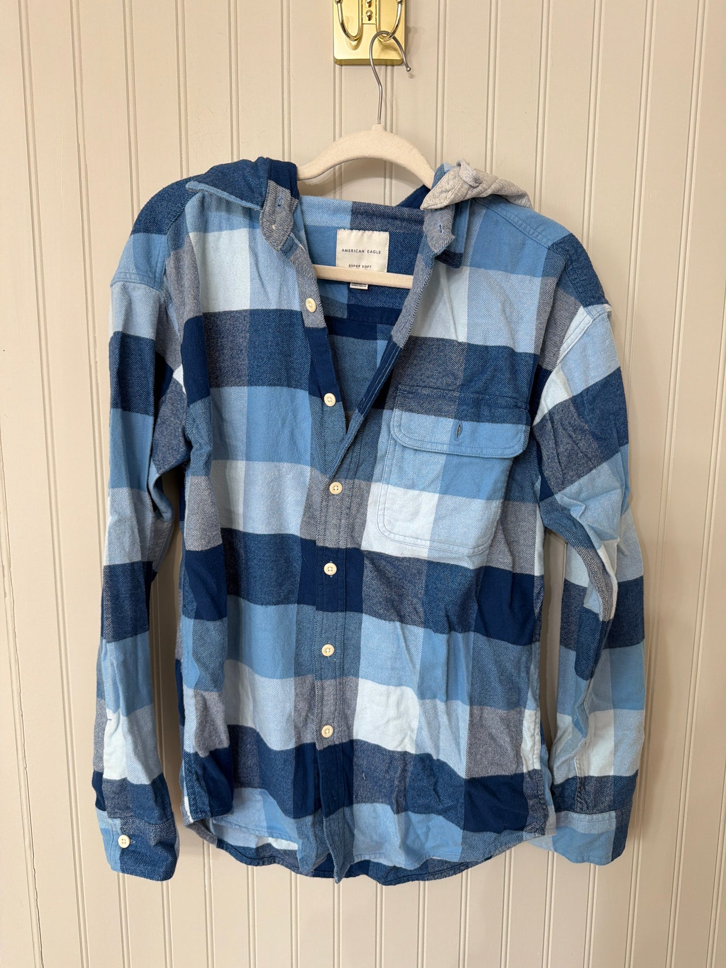 American Eagle Hooded Plaid Flannel Shirt Women’s Small Blue