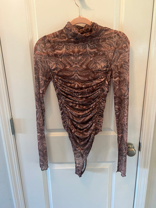 Free People Paisley Mock Neck Long Sleeve Bodysuit Women’s Size Medium 8-10 Brown